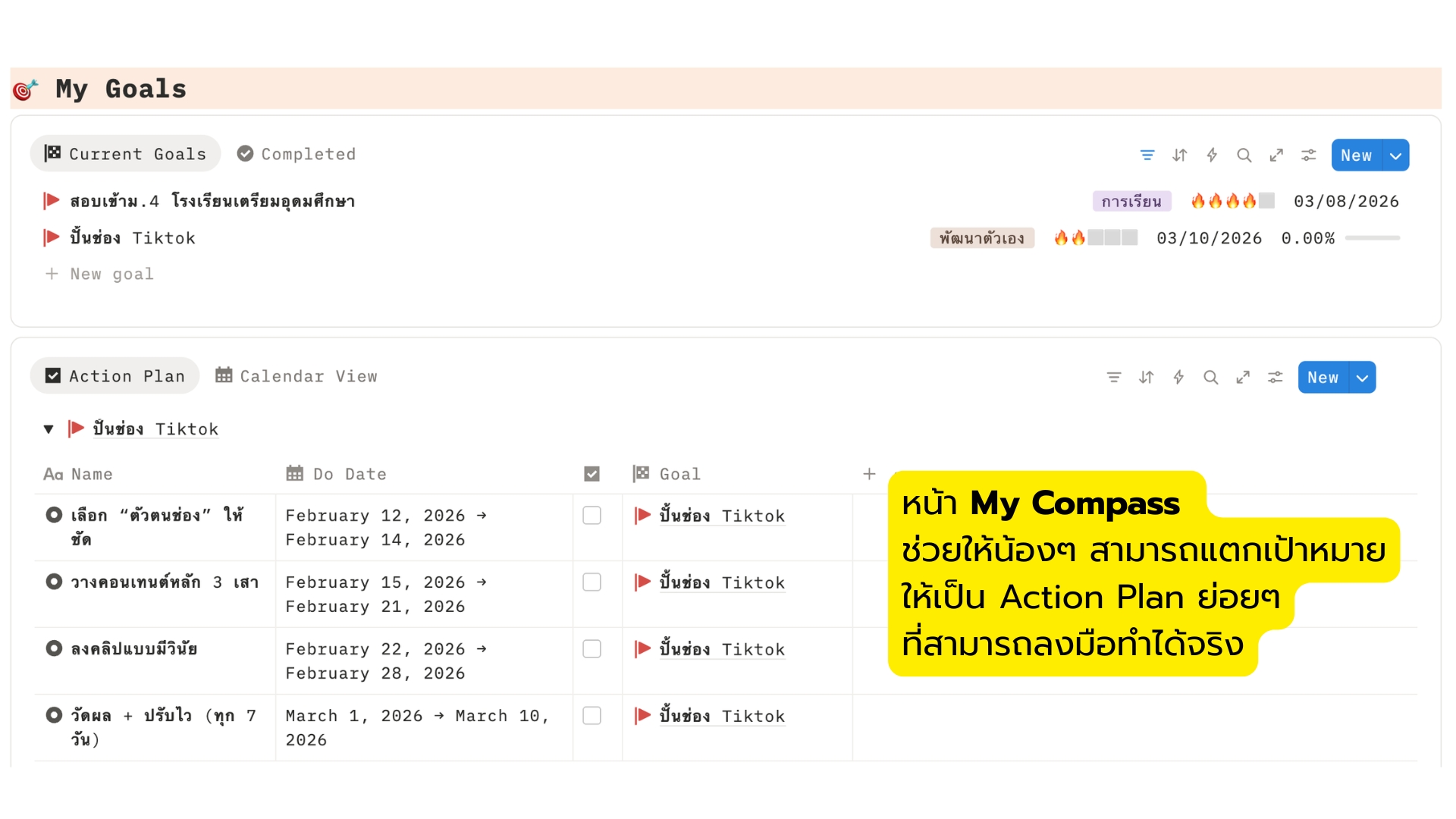 หน้า My Compass สำหรับตั้งเป้าหมายใน Notion