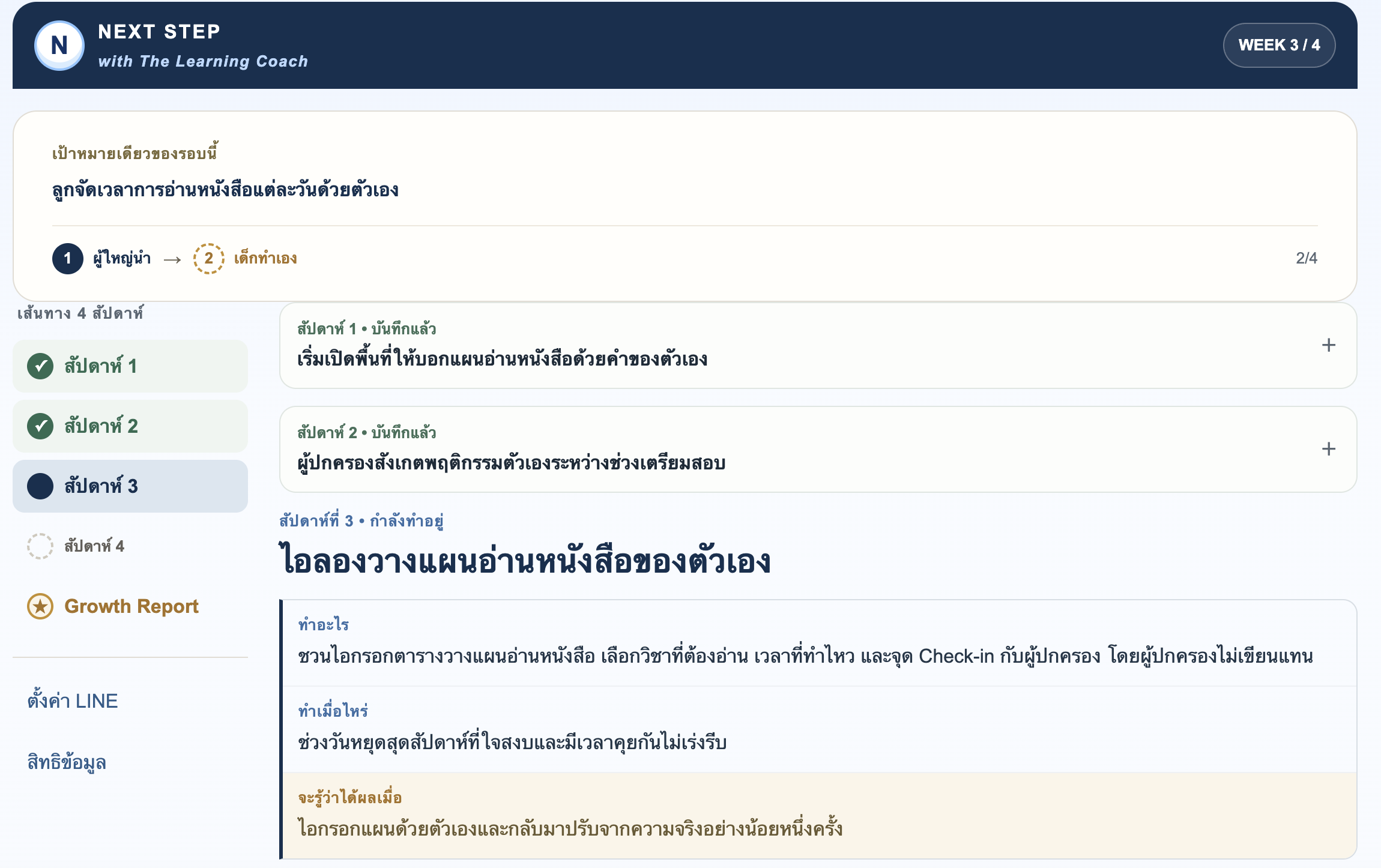 หน้าจอ NEXT STEP แสดงเป้าหมายของรอบและความคืบหน้าสัปดาห์ที่ 3 จาก 4
